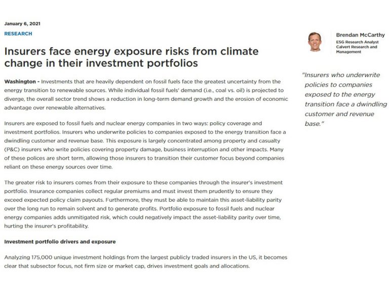 Insurers face energy exposure risks from climate change (Calvert)